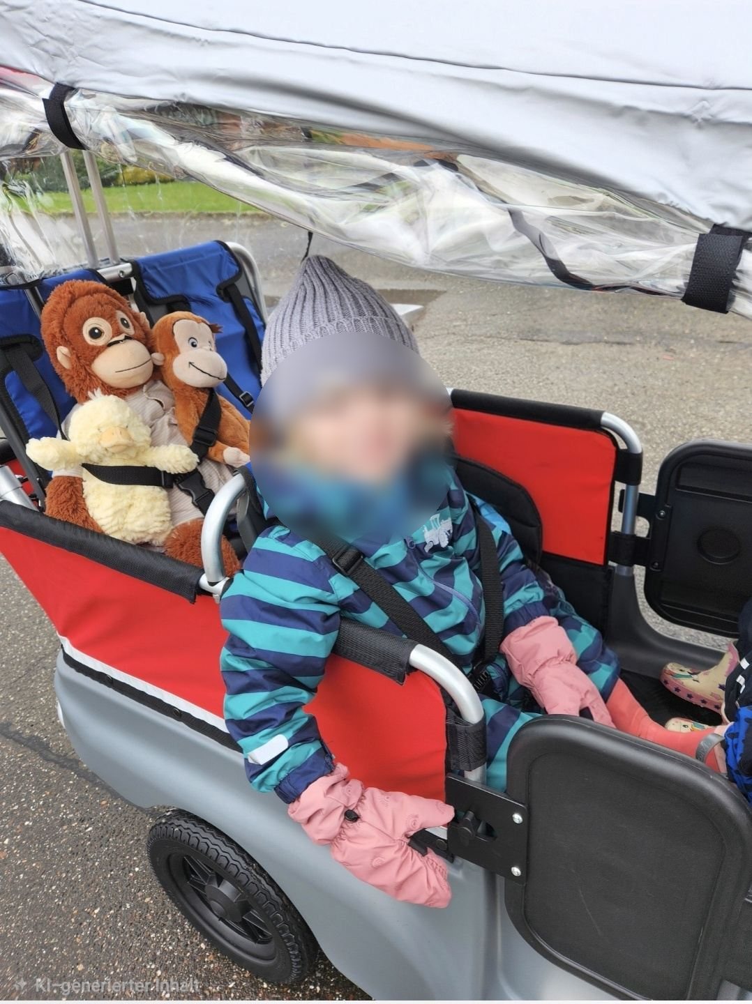 Kind im Bollerwagen mit Kuscheltieren